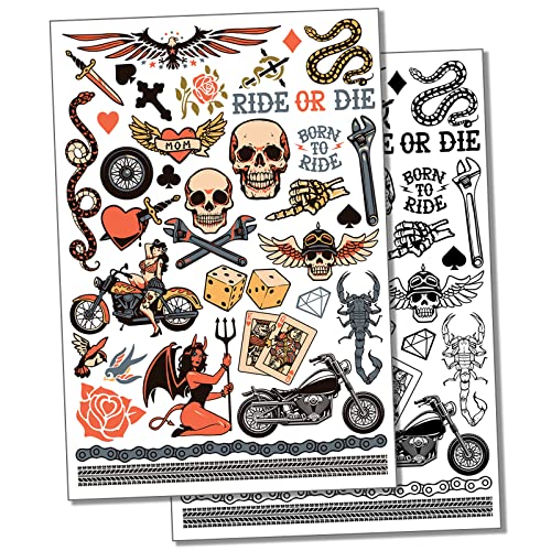 Biker Skulls Motorcycle Club Temporary Tattoo Water Resistant Fake Body Art Set Collection - Color (One Sheet)