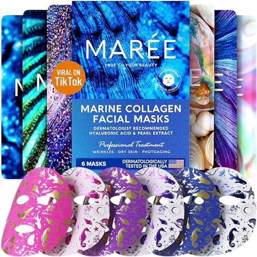 MAREE Collagen Facial Mask with Hyaluronic Acid - Sheet Face Masks Skincare with Green & Red Algae Extract - Hydrating Mascarillas Faciales For Women Skin Care - 6 Pack