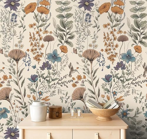 CiCiwind 393.7" ×17.3" Peel and Stick Wallpaper Floral Removable Self Adhesive Wallpaper for Bedroom Bathroom Vintage Floral Leaves Contact Paper for Kitchen Living Room Decor Wall Paper