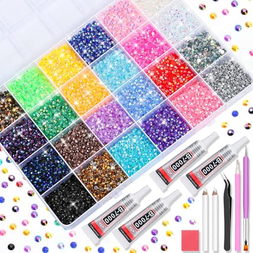 B7000 Glue with Rhinestones for Crafting, 31200Pcs Rainbow Crystals 3MM Flat Back Gems with Jewelry Glue Adhesive for DIY Graduation Cap Decorations Phone Case Wedding Shoes