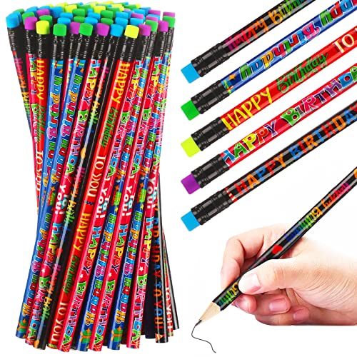 200 Pcs Bulk Happy Birthday Pencils for Students Fun Colorful Printed Birthday Assorted Style Novelty Pencils with Eraser for Kids Happy Birthday Party Classroom Student Reward Gift Party Favors