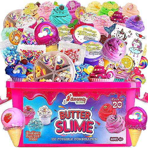 Jumbo Butter Slime Kit for Girls Ages 8-10-49 pcs w/Organizer Box Filled w/Slime Charms, Fruit- Ice Cream-Cup Cake & More- Birthday Gift for Boys Girls- Fidget Toys-Easter Basket Stuffers