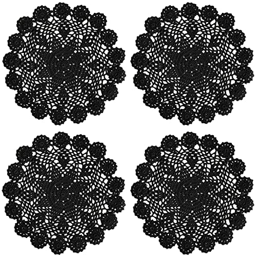 Phantomon 12 Inch Round Doilies Crochet Handmade Lace Placemats 100% Cotton Knitted Coasters, Pack of 4 (Black)