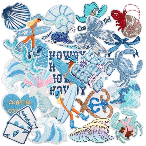 Nicime 24pcs Summer Sea Iron/Sew on Patches, Ocean Beach Wave Embroidered Applique, Coastal Cowgirl Decration for Clothes, Hat, Bag, Jeans, Dress, Shirt