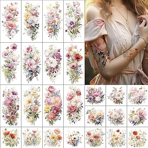 Everjoy Flower Temporary Tattoo Sleeve Sheets, 12 Large Watercolor Floral Tattoo Stickers, 13 Small Fake Flower Tattoo Designs for Women and Girls