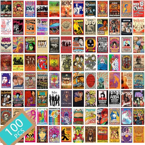 100 Vintage Unique 4x6 inch Rock Band Posters, 70s 80s 90s Retro Concert Prints, Album Cover Collage Kit Music Posters for Room Aesthetic Album Cover Art Posters Wall Posters (A)