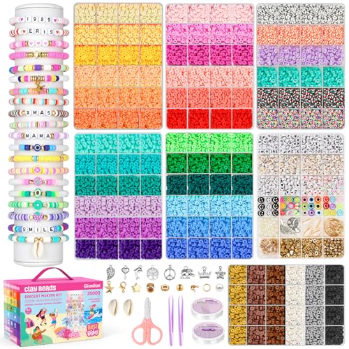 Gionlion 25000 Pcs Clay Beads Bracelet Making Kit for Gatherings, 7 Boxes Friendship Preppy Polymer Beads for Bracelets Jewelry Making kit with Charms, DIY Arts and Crafts Gifts for Ages 6-13