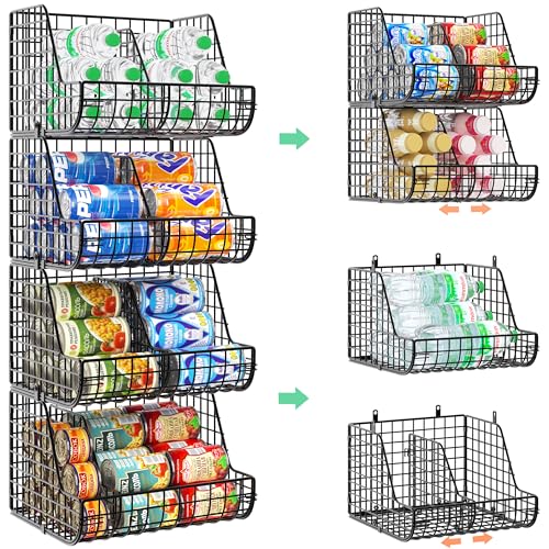 Stackable Soda Can Organizer with 4 Adjustable Dividers, 4-Pack Can Storage Organizer for Pantry Shelves, 4-Tier Kitchen Soda Dispenser, Can Holders for Pantry, Wire Can Dispenser for Cabinets Shelf