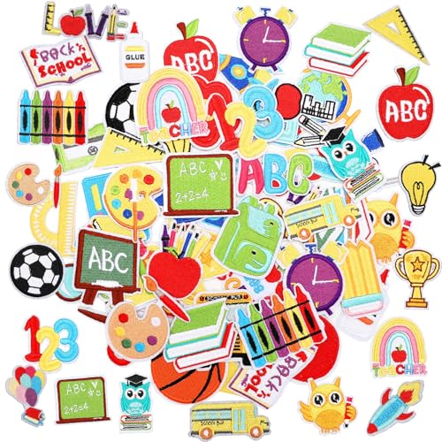Thiccywoov 80 Pcs Back to School Iron on Patches Pencil Teacher Apple School Bus Embroidered Sew Applique Repair Patches Bulk Students DIY Crafts Gift for Hats Backpacks Jacket Jeans Pants Clothing