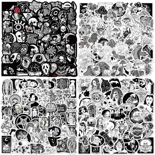 200Pcs Goth Stickers Pack, Black and White Sticker, Cool Skull Stickers for Adults Mens Teens Girls, Waterproof Vinyl Horror Decals for Water Bottle Laptop Luggage Journal Scrapbooking