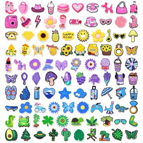 LVBIYDU 100 Pcs Different Shoe Charms for Clog Shoe Decoration, Cute Animal Flowers Charms for Girls Boys Teens Adults, Cartoon Charm for Shoes Accessories Bracelet Wristband Party Favors
