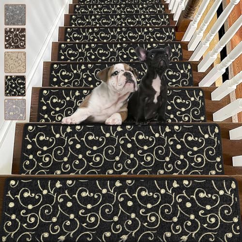 SUNNIKA Stair Treads for Wooden Steps Indoor,Set of 15 Non Slip Flower Pattern Self Adhesive Stair Treads Carpet for Elders,Kids,Dogs(8x30inch,Black)