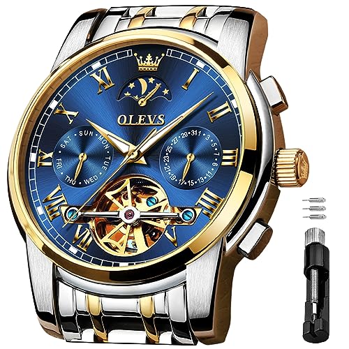 OLEVS Men's Automatic Mechanical Watches Luxury Dress Waterproof Self Winding Moon Phase Chronograph Stainless Steel Luminous Date Tourbillon Wristwatch for Men (Blue Dial and Gold Silver Strap)