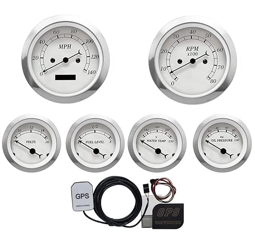MOTOR METER RACING Classic 6 Gauge Set with GPS Electrical Speedometer Digital Odometer White Dial Black Needle Light Bulb Illumination 85mm 3-3/8" & 52mm 2-1/16"