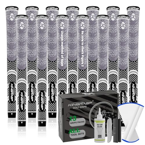 KINGRASP Premium Rubber Golf Grips 13 Pack, Anti-Slip，Super Stability,Cord Rubber, Golf Club Grips,Standard/Mid Size/Oversize, 13 Grips with All Kits