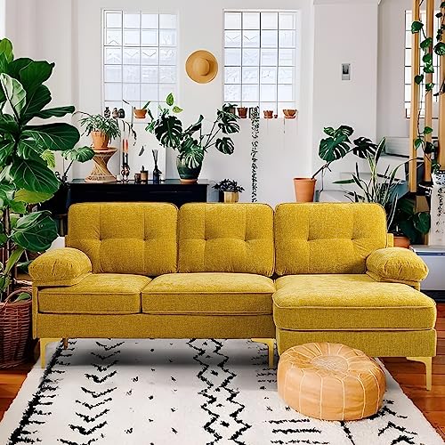 YuuYee 82" Chenille L Shaped Sectional Couches for Living Room, 3 Seater Comfy Modular Sofa with Chaise for Small Spaces,Mid Century Modern,Deep Seat,Yellow