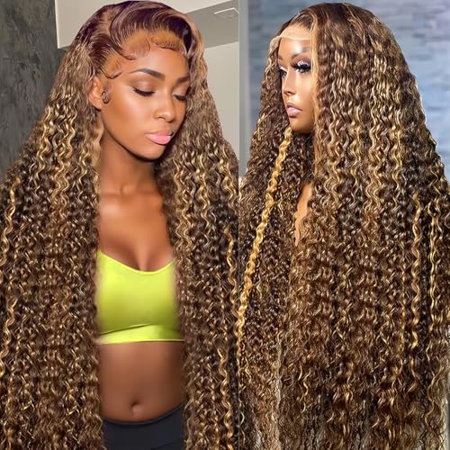 30 Inch Highlight Ombre Lace Front Wig Human Hair 4/27 Colored Honey Blonde Wig Human Hair 13x6 HD Lace Front Wigs Human Hair Deep Wave Curly Lace Frontal Human Hair Wig Pre Plucked with Baby Hair