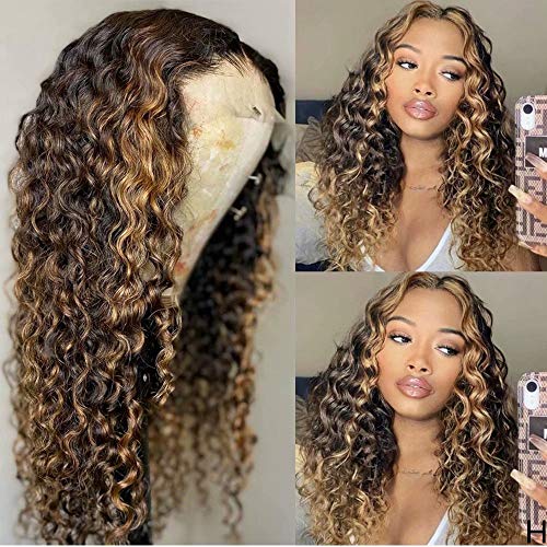 180% Density Ombre blonde 4/27 Color Curly human hair wigs for black women Deep Wave HD Human Hair Lace Wigs with Highlight 13X6 Lace Frontal Wigs Human Hair Pre Plucked Bleached Knots