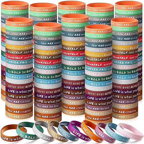 Junkin 200 Pieces Motivational Wristbands Bulk Inspirational Silicone Bracelet Colored Rubber Bracelets Positive Bracelets Gifts for Students Kids Teens Teachers Coworker Employees (Motivational)