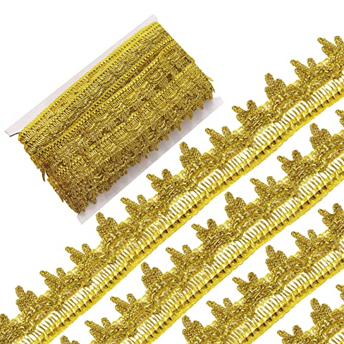 GORGECRAFT 14.2Yd 1.4 Inch Gold Beaded Lace Trim Sequined Metallic Braid Fabric Ribbon Glitter Mesh Gimp Flat Bling Paillette Sewing Embroidered Lace Tulle Applique for Clothing Curtain Latin Dance