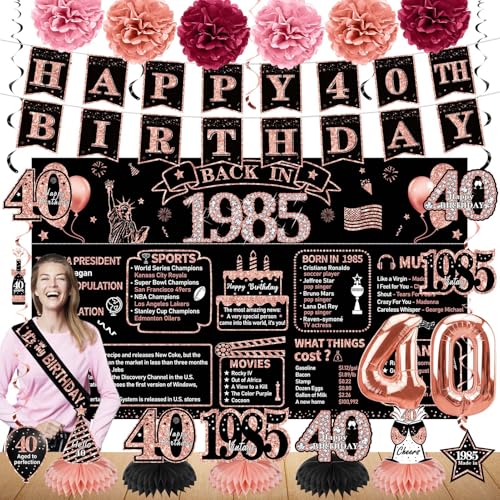 40th Birthday Decorations for Women, 21pcs Back in 1985 Banner Party Supplies, Rose Gold 40 Year Old Birthday Backdrop, Vintage 40 Birthday Honeycomb Centerpiece Hanging Swirls Balloon Sash Gifts