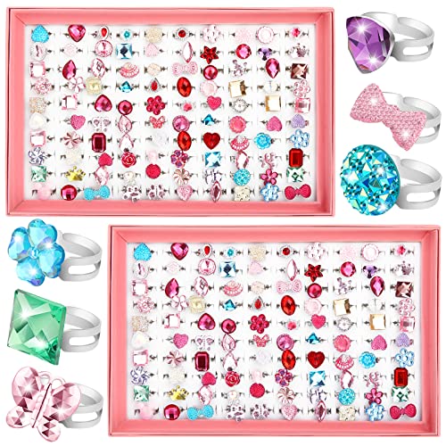200 Pcs Kids Rings for Girls Little Girl Dress up Rings Bulk Adjustable Jewelry Pretend Play Princess Dress up Jewel with Box for Kids Party Favors Gifts Costume Accessories, Assorted Styles