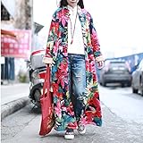 LUZU JUNU LZJN Women Floral Print Trench Coat Casual Long Jacket Fluff Inside (M)