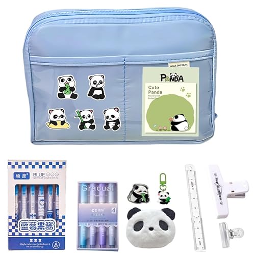 UIVXXUD Kawaii Cute Aesthetic Pencil Case 11 PCS Set - Large Capacity Canvas Pen Pouch Bag, Contains 10 Kinds of Accessories Such As Pens, Clips, Rulers and Cute Panda Brooches, Stickers, Pendants