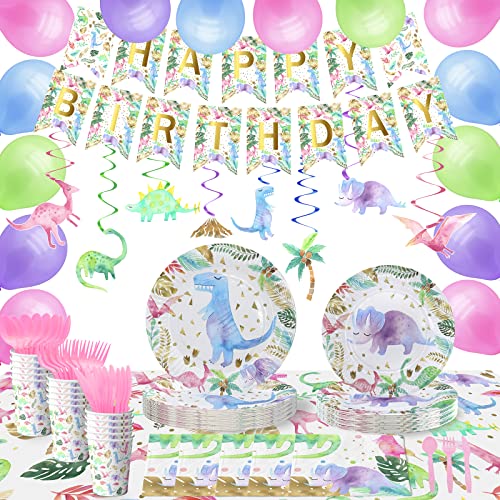 Dinosaur Birthday Party Supplies for Girls - Pink Dinosaur Party Decorations - Balloons Birthday Banner Plates Cups Napkins Tablecloth Tableware (Serves 20)