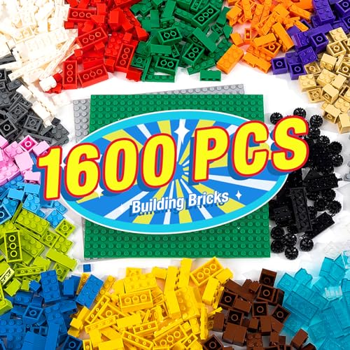 MANNIDOO 1600 Pieces Building Bricks, Building Bulk Block with 2 Packs 24x24 Studs Sticky Plate and 46PCS Wheel Accessory - 100% Compatible with Lego Bricks, Birthday Gfit for Kid - 18 Shape/16 Color