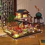 GuDoQi DIY Miniature Dollhouse Kit, 1:24 Scale Tiny House kit with Music Plant DIY Craft Kits, Model Craft Kits for Adult to Build, Great Handmade Craft Gift for Birthday, Japanese Villa Courtyard