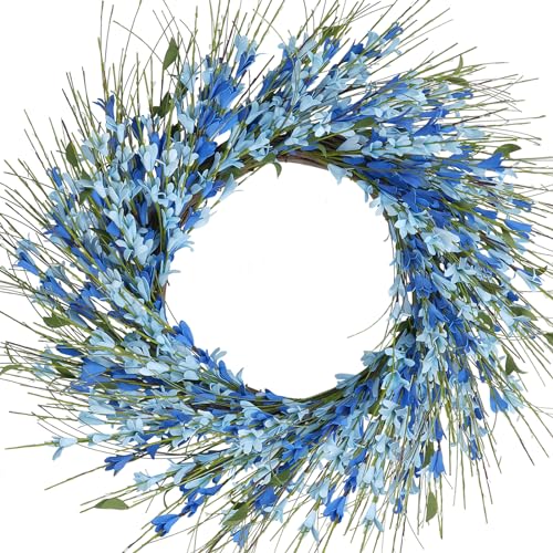 GTIDEA 24" Blue Forsythia Flowers Wreath on Grapevine Base - Large Spring Wreath for Home Indoor Wall Window Garden Porch Farmhouse Decor