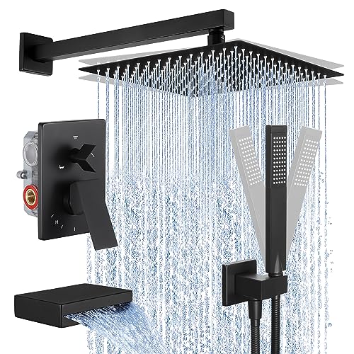 KES Black Shower Faucet Set Complete, 12 Inch Rainfall Shower Head with Handheld Spray, Waterfall Tub Spout Bathtub Faucet, Shower System, Regaderas Modernas Para Ducha, XB6305F18S12-BK