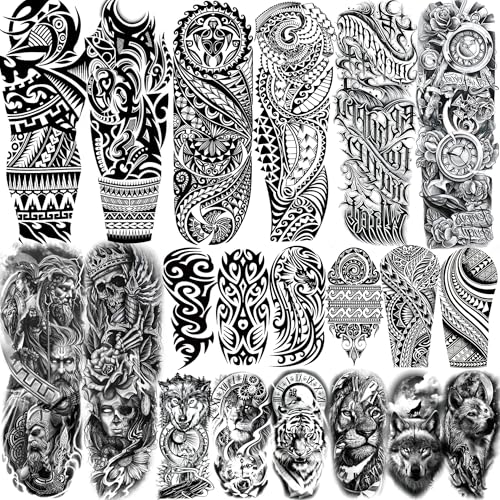 20 Sheets Large Black Maori Full Arm Temporary Tattoos For Men Women Thigh, Skull Compass Eagle Long Lasting Half Arm Sleeve Tattoos For Adults, 3D Waterproof Fake Tattoo Stickers Wolf Tiger Lion