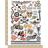 Biker Skulls Motorcycle Club Temporary Tattoo Water Resistant Fake Body Art Set Collection - Color (One Sheet)