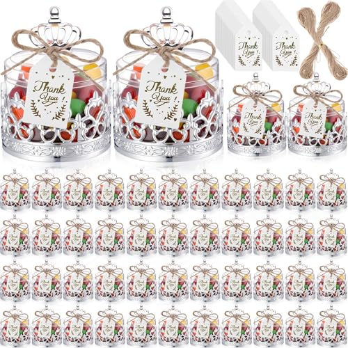 Jingmore 60 Sets Mini Crown Candy Boxes with Thank You Tags and Twine Plastic Candy Containers Storage Boxes Decorative for Wedding Baby Shower Princess Birthday Party Supplies(Silver,Crown)