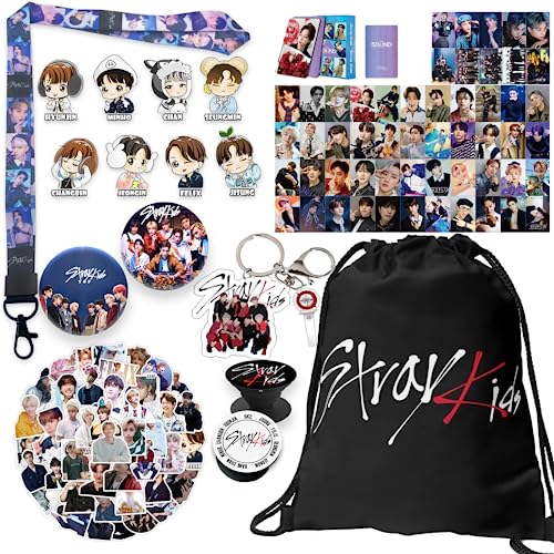 Hymik Straykids Album Merch Set for Fans, Including Straykids Photocards, Keychain, SKZ Pins, Lanyard, 2 PCS Phone Ring Holder, Drawstring Bag