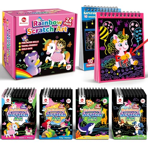 Mocoosy 24 Pack Scratch Art Party Favors for Kids 4-8, Goodie Bag Stuffers, Rainbow Scratch Notebook Bulk, Classroom Prizes, Art Craft Kit School Supplies Birthday Return Gift Boys Girls Ages 3-5 9-12