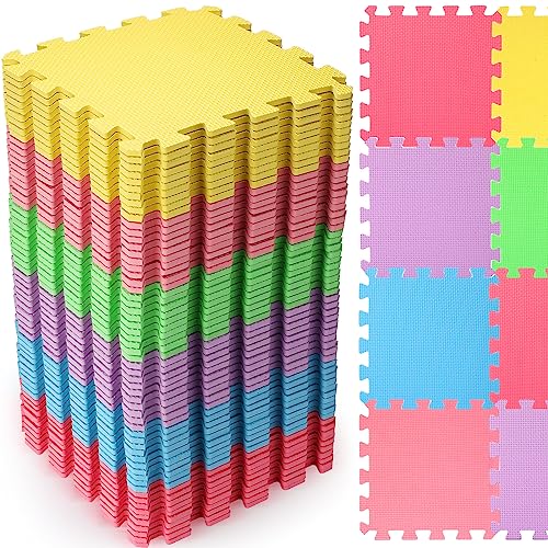 Nuanchu 60 Pcs Kids Foam Puzzle Floor Mat Bulk Solid Color Foam Play Mat with Borders Interlocking Multi Use Floor Rug for Baby Toddler Children Crawling Exercise Playroom 12 inch (Colorful)