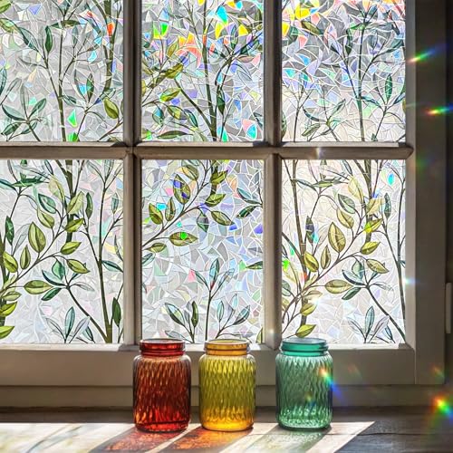ADD.HERES Window Privacy Film, Stained Glass Decorative Static Cling, Removable Laser Sun Blocking Vinyl Covering,Window Film for Home Kitchen Living Room, Green Vineman, 29.5 x 78.7in