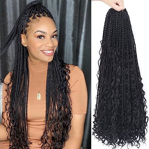 Goddess Box Braids Crochet Hair With Curly Ends 24 Inch Bohomian Box Braids Crochet Braids 8 Packs 3X Crochet Braids Synthetic Braiding Hair Extension for Black Women (24 Inch (Pack of 8), 1B)…