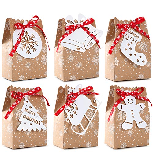 24pcs Christmas Goody Bags - Kraft Gift Bags with Snowflake Ribbons, Gingerbread Christmas Tags for Holiday Party Supplies