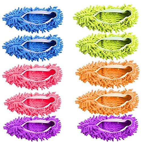 QKAIFRYSUG 5 Pairs Washable Dust Mop Slippers Microfiber Cleaning Mop Slippers Shoes Dust Floor Cleaner Multi-Function Floor Cleaning Shoes Cover (Green,Blue,Orange,Purple,Pink）