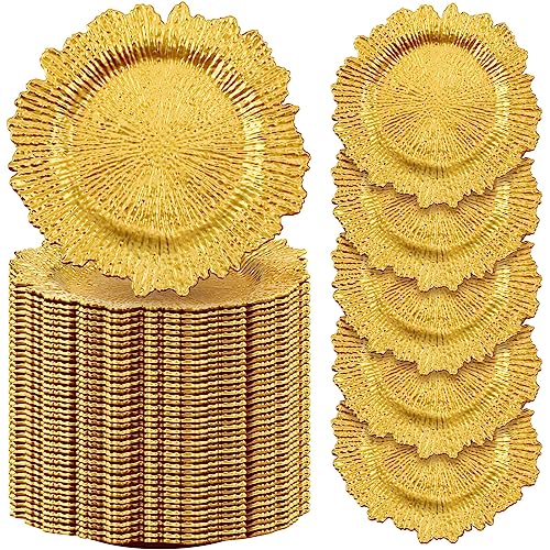 Uiifan 150 Pcs Charger Plates Bulk 13 Inch Plastic Reef Plate Matte Ruffled Rim Chargers for Dinner Round Decorative for Wedding Party Holiday Event Supplies(Gold)