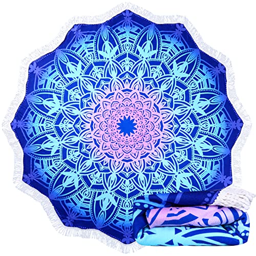 Large Microfiber Boho Mandala Beach Towel Round Bohemian Beach Blanket Hippie Indian Throw Blanket Beach Tapestry Sand Free Quick Dry Yoga Picnic Mat Wall Decor Circle Tablecloth,59'',Ocean Blue