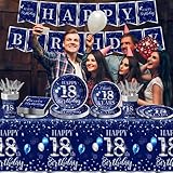 GREHUMOR 142Pcs 18th Birthday Tableware Decorations for Boys Sliver Blue Happy 18 Birthday Party Supplies Disposable Tablecloth,Plates,Napkins,Cups,Forks and Knives for Boys 18th Birthday Party