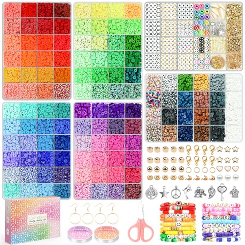 20,000 Pcs Clay Beads Bracelet Making Kit, 120 Colors 6 Boxes Polymer Beads Spacer Heishi Beads & Jewelry Kit with Pendant Charms Elastic Strings, Crafts Gift for Kids Adults