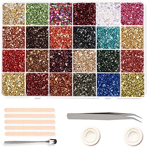 Crushed Glass Craft Glitter Fine for Resin Art, 24 Colors Small Broken Glass Resin Accessories Irregular Metallic Crystal Chips Chunky Sequins for Nail DIY Vase Filler Epoxy Jewelry Making Decoration