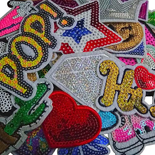 Qingxi Charm 32pcs Assorted Styles Colorful Sequins Sewing on/Iron on Embroidered Patches Clothes Dress Hat Pants Shoes Curtain Sewing Decorating DIY Craft Embarrassment Applique Patches (Sequins-2)