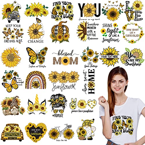 30 Pcs Sunflower Iron on Transfers Cute Patches Flower Appliques for T Shirts Spring Iron on Decals Heat Transfer Sticker for Clothes Bag Pillow Covers DIY Decorations